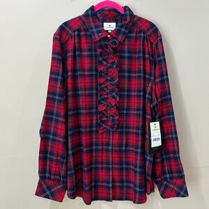 NWT Tuckernuck Women XXXL Red Navy Plaid Ruffle Flannel Button Down Shirt Top